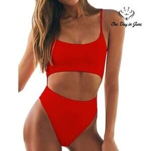Meyeeka Scoop Neck Cut Out Front Lace Up High Cut Monokini Size L